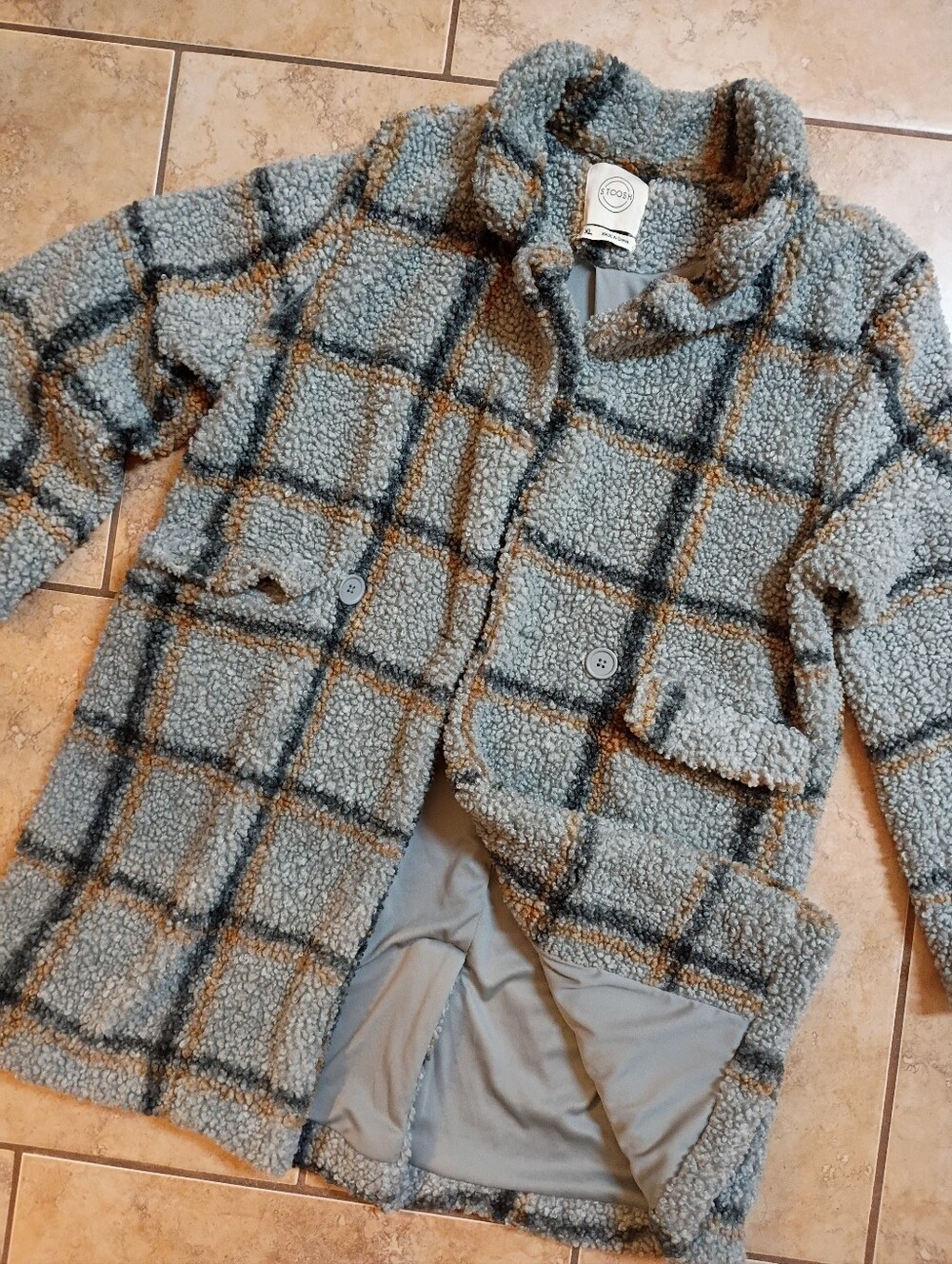 Stoosh Gray Plaid Sherpa Pea Coat